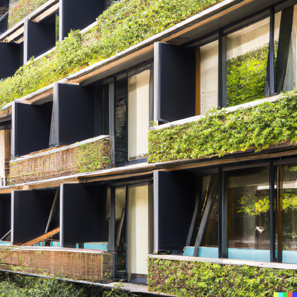 Interconnected green residential and collaborative buildings.