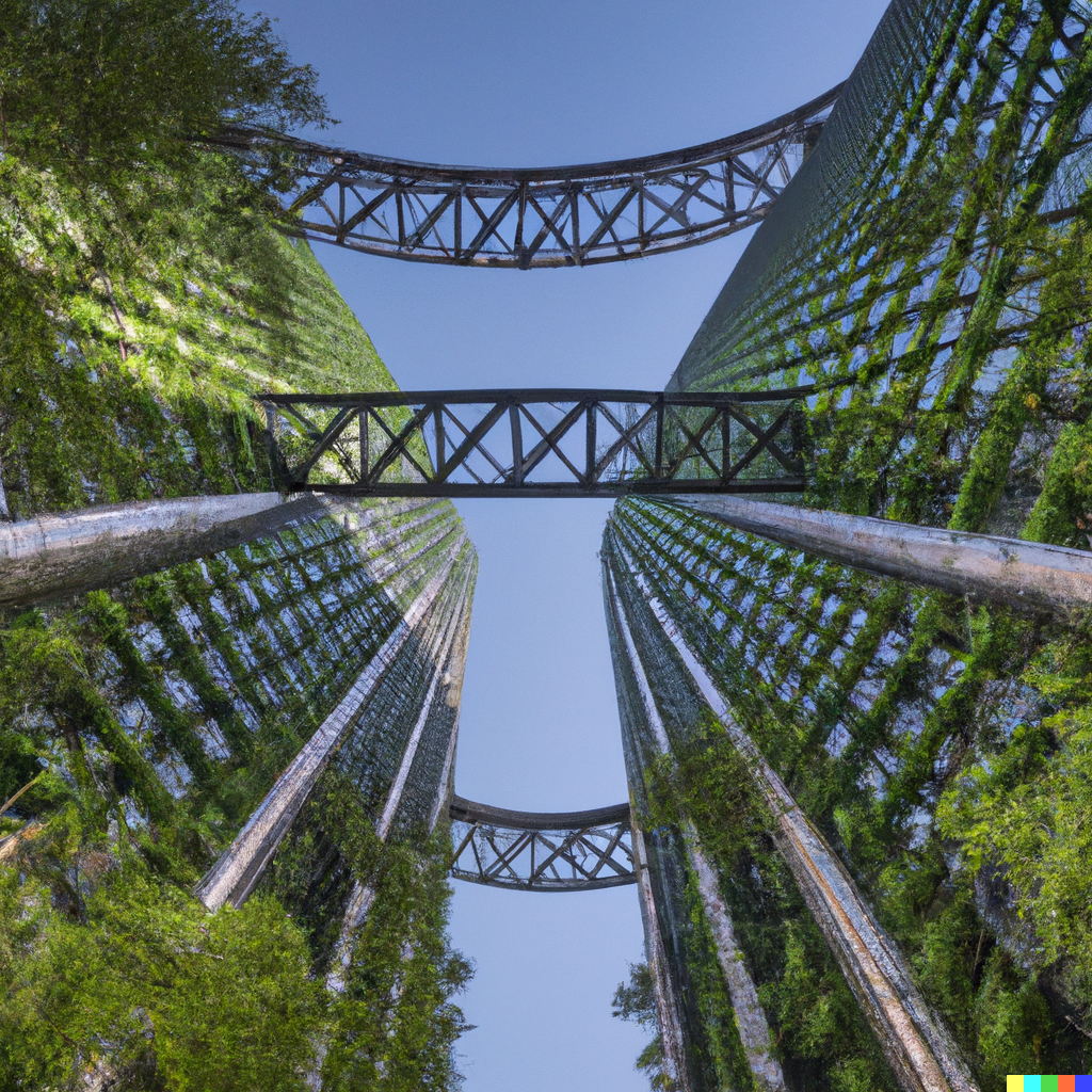 Vertical green towers connected by elevated walkways.