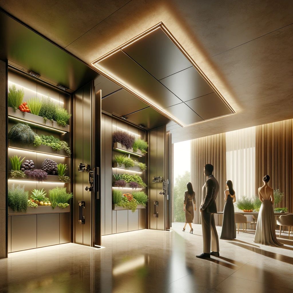 Interior workspace with integrated vertical plant systems.