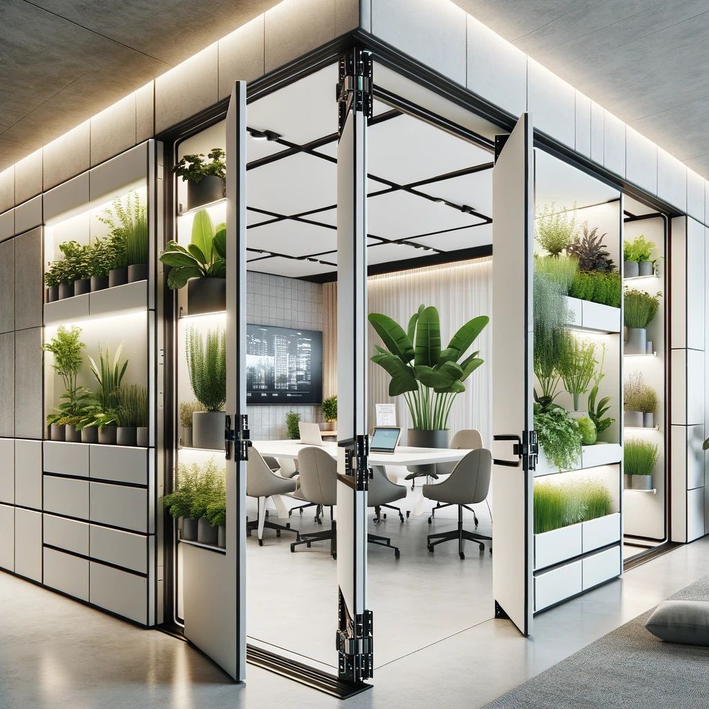 Glass modular workspace surrounded by integrated plants.