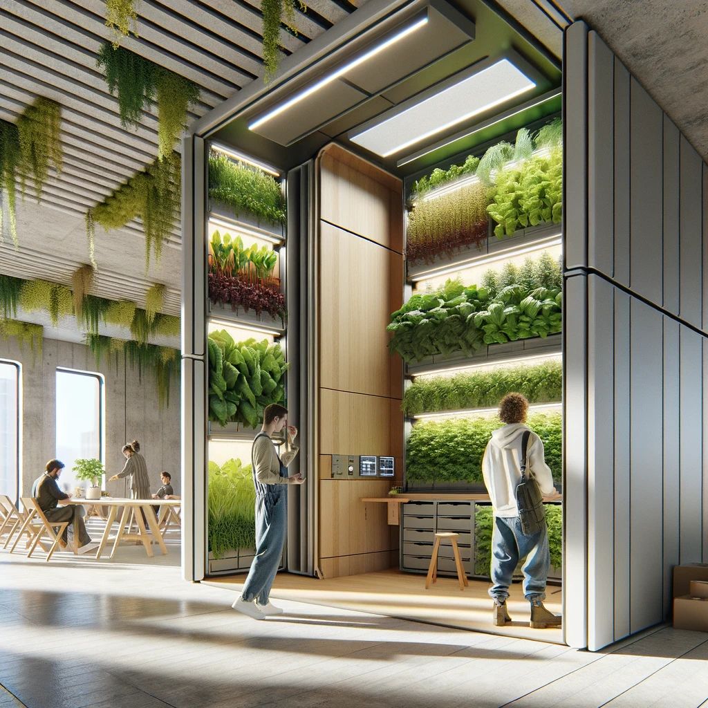 Bright interior with vertical growing systems and collaborative activity.